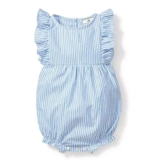 Baby's Twill Ruffled Romper in French Blue Seersucker