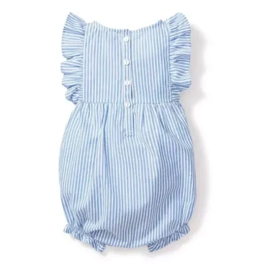 Baby's Twill Ruffled Romper in French Blue Seersucker
