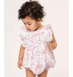 Baby's Twill Ruffled Romper in Pink Timeless Toile