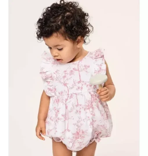 Baby's Twill Ruffled Romper in Pink Timeless Toile