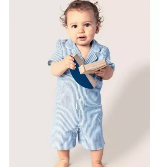 Baby's Twill Summer Romper in French Blue Seersucker