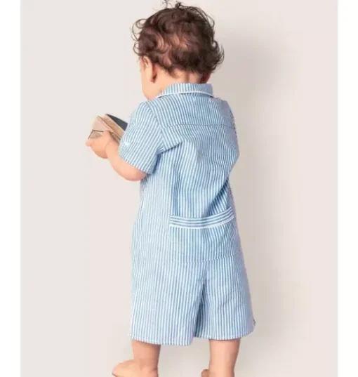 Baby's Twill Summer Romper in French Blue Seersucker