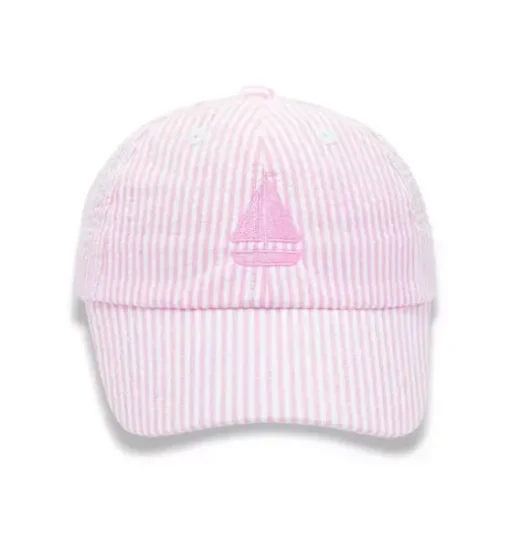 Pink Seersucker Sailboat Bow Baseball Hat