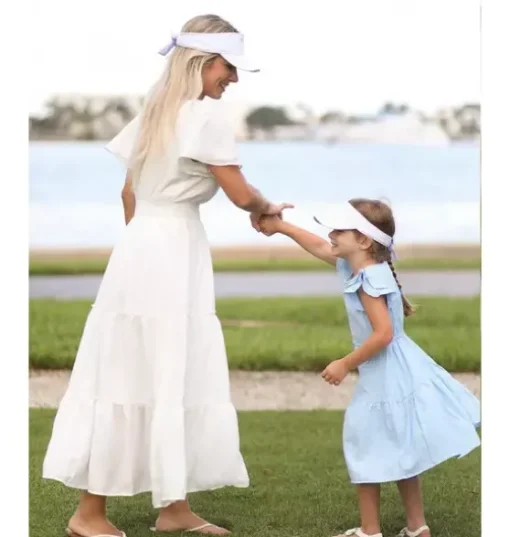 White Visor with Blue Seersucker Bow