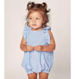 Baby's Twill Ruffled Romper in French Blue Seersucker
