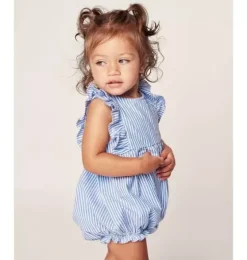 Baby's Twill Ruffled Romper in French Blue Seersucker
