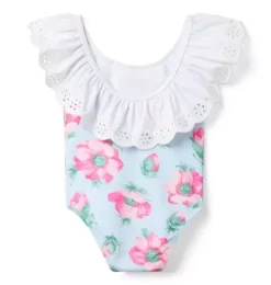 Recycled Floral Eyelet Ruffle Swimsuit