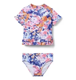 Recycled Floral Ruffle Rash Guard Swimsuit