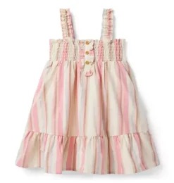 Striped Linen-Cotton Smocked Dress