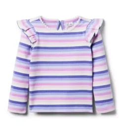 Striped Ribbed Ruffle Shoulder Top