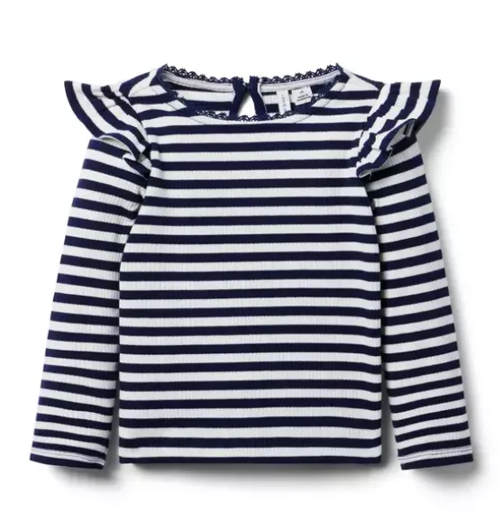 Striped Ribbed Ruffle Shoulder Top