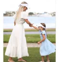 White Visor with Blue Seersucker Bow
